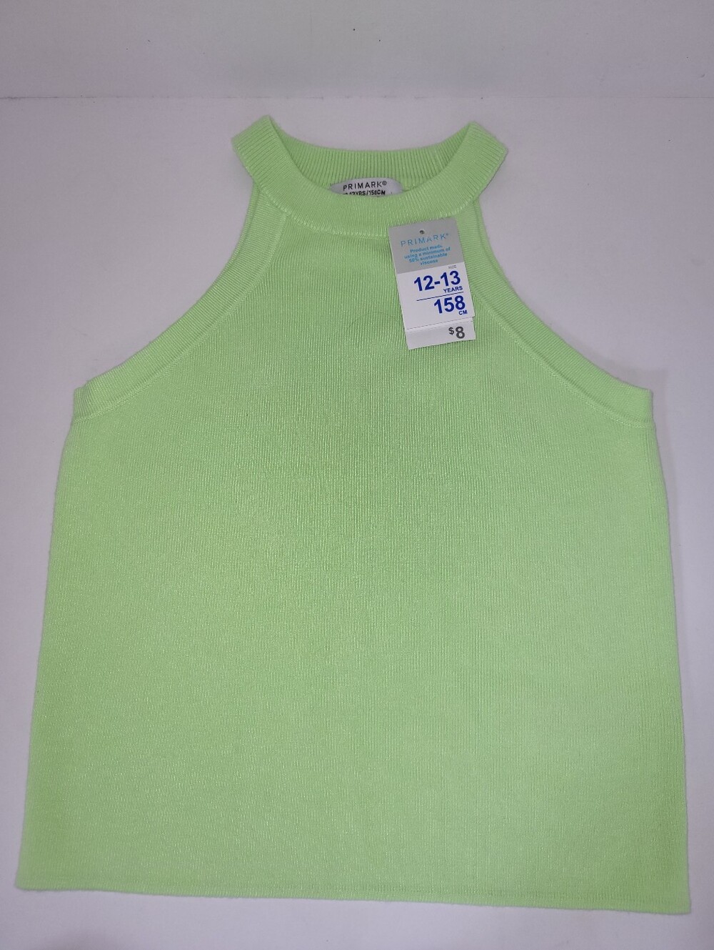 Primark Size 12-13 Years Neon Lime Green Ribbed High-Neck Tank Top NWT